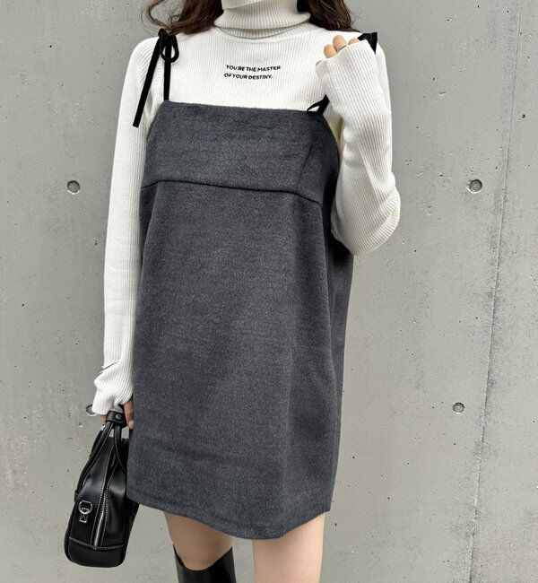  「[mline]シャギーリボンミニワンピ」|ワンピース|チャコールグレー