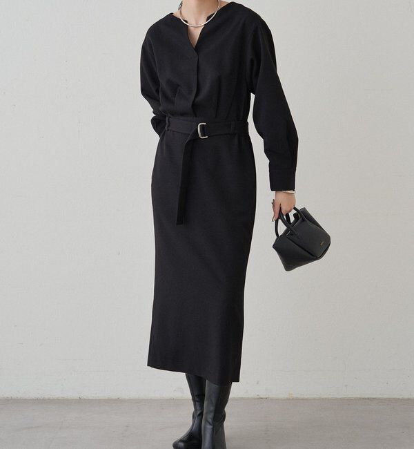  「タックVベルトワンピース」|ワンピース|ブラック