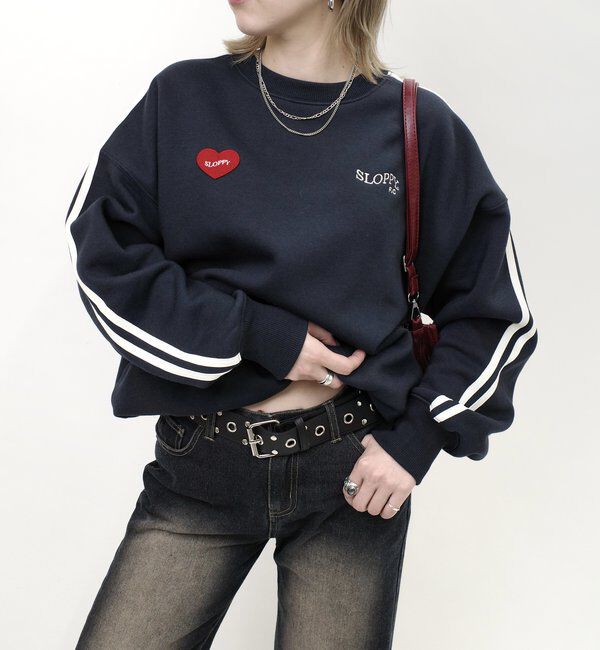  「＊WEB限定【SLOPPY/スロッピー】ハートワッペン裏起毛ラインスウェット」|Tシャツ・カットソー|ネイビー