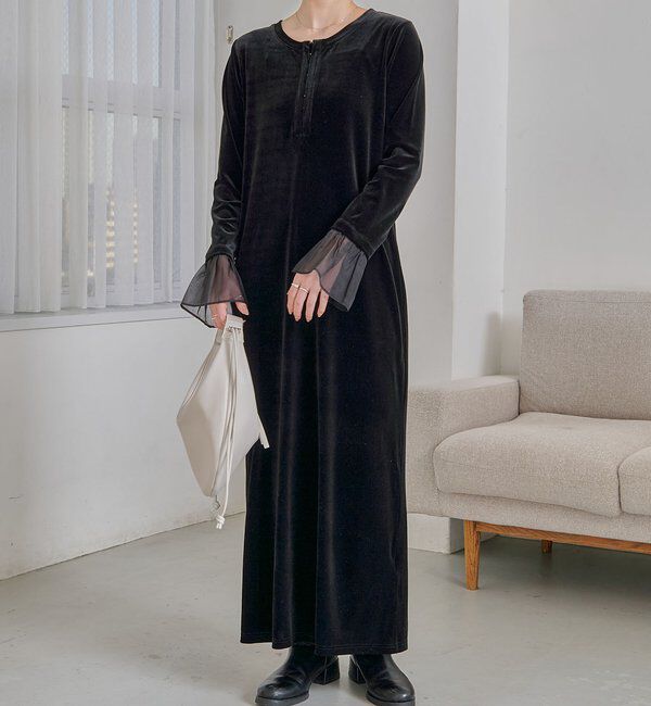  「【低身長サイズあり】フレアスリーブベロアワンピース」|ワンピース|