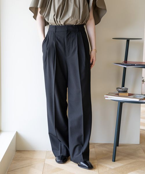 LOWRYS FARM「ＴＲスタイルＵＰワイドパンツ」|チノ|BLK