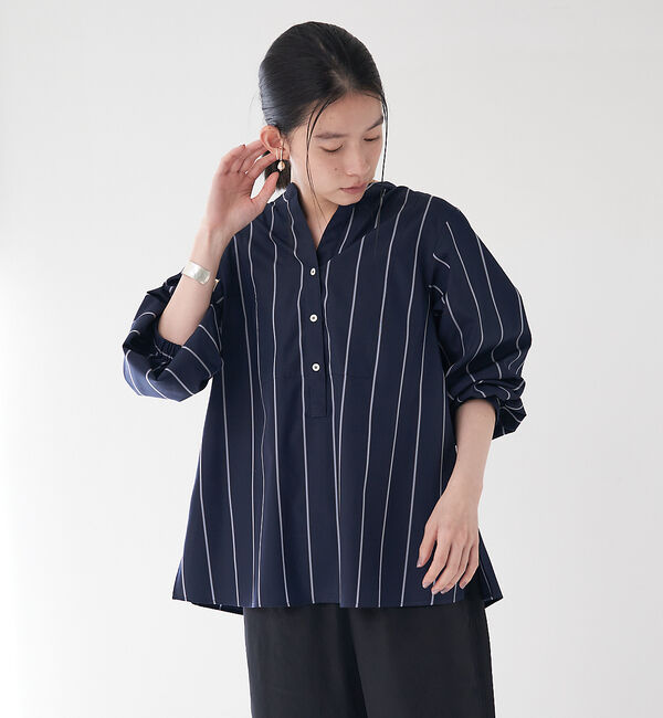 collex「＜手洗い可能＞ ストライプスタンドカラーシャツ」|シャツ・ブラウス|ネイビー
