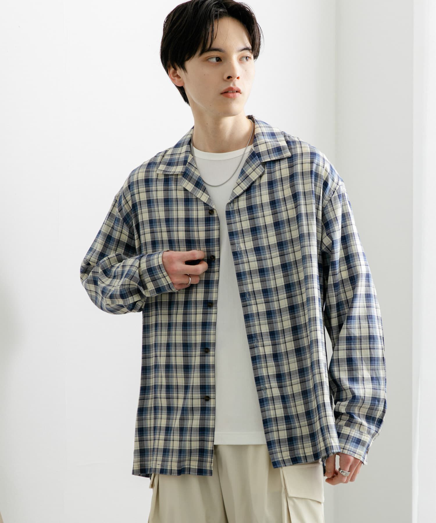 SENSE OF PLACE by URBAN RESEARCH「『ユニセックス』シアーチェックオープンカラーロングスリーブシャツ」|シャツ・ブラウス|