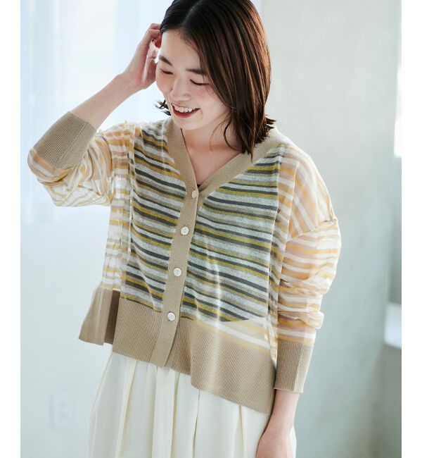 le.coeur blanc「《手洗い可能》マルチボーダーシアーカーディガン」|カーディガン|イエロー柄