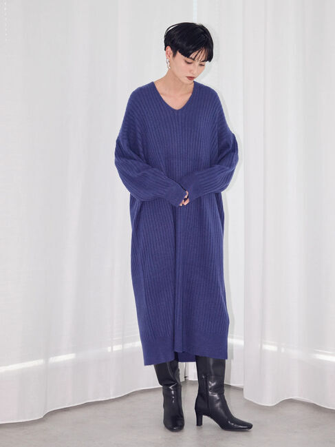  「抜け衿Vネックワイドリブワンピース」|ワンピース|ブルー