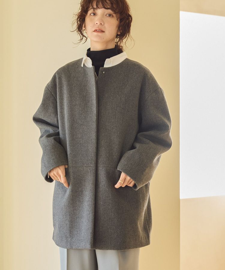 AMERICAN HOLIC「中空FIBERロングノーカラーコート【軽量アウター】」|ノーカラーコート|Gray Mixture