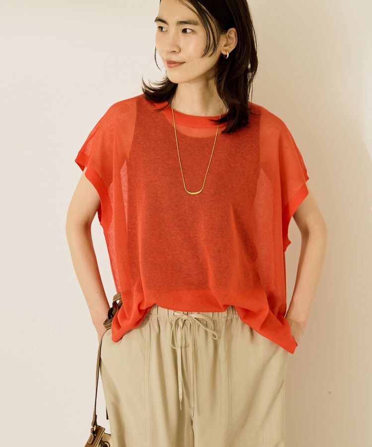 AMERICAN HOLIC「ウォッシャブルシアーニットフレンチスリーブトップス」|ニット・セーター|Red