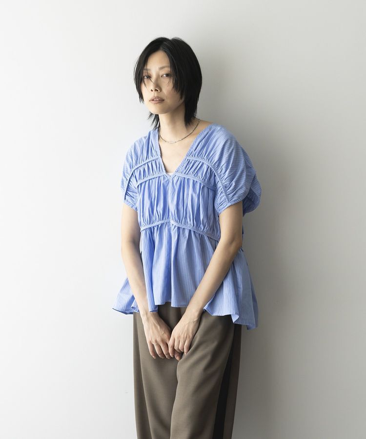 GARAGE OF GOOD CLOTHING「ストライプVネックギャザーブラウス」|シャツ・ブラウス|