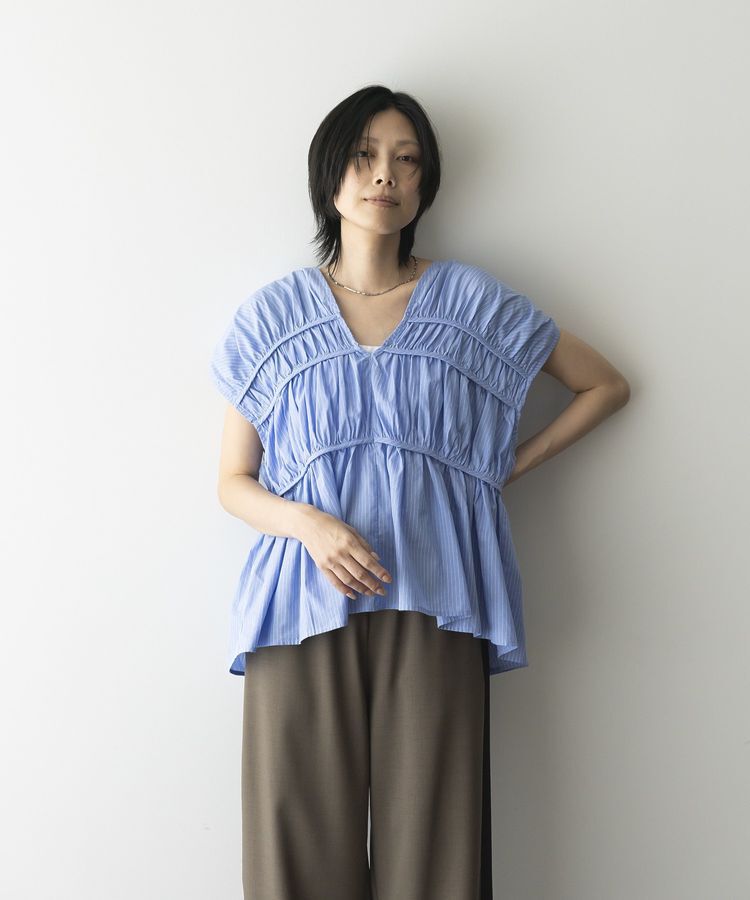 GARAGE OF GOOD CLOTHING「ストライプVネックギャザーブラウス」|シャツ・ブラウス|Sax