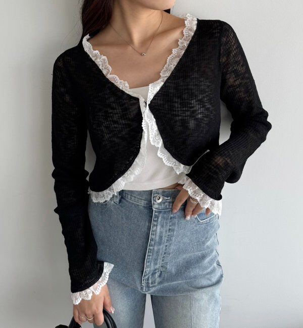  「レース切り替えシアーカーデ」|ニット・セーター|