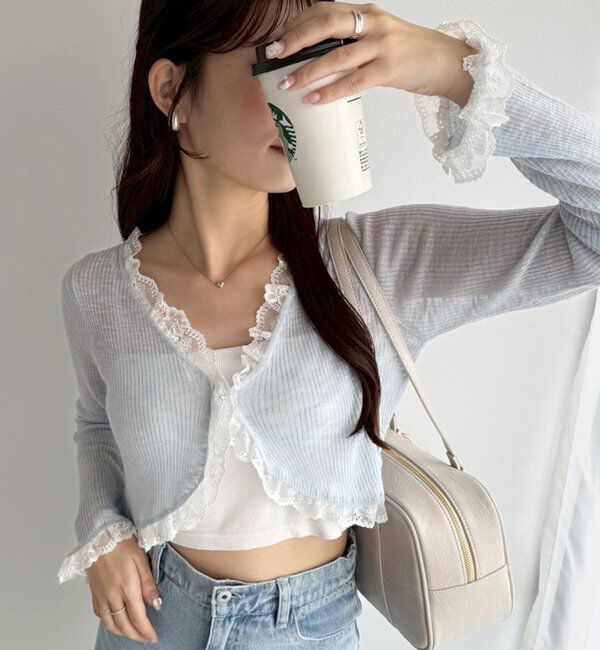  「レース切り替えシアーカーデ」|ニット・セーター|サックスブルー