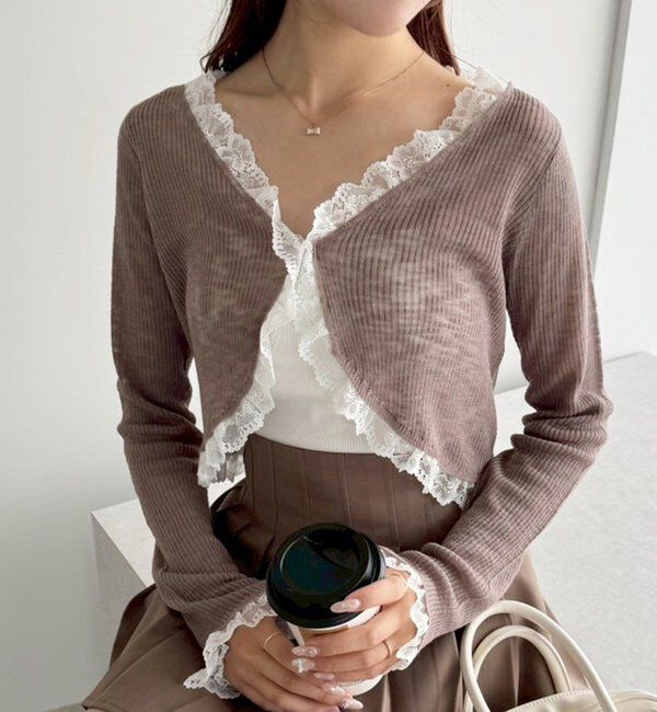  「レース切り替えシアーカーデ」|ニット・セーター|モカ