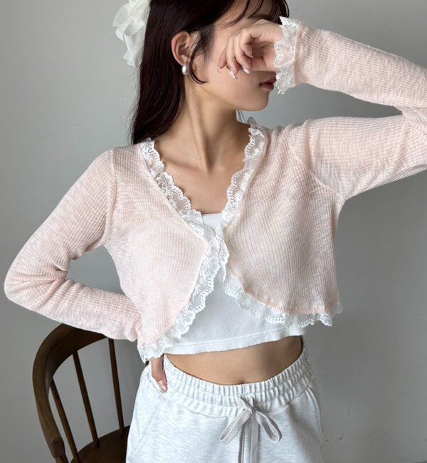  「レース切り替えシアーカーデ」|ニット・セーター|ピンク