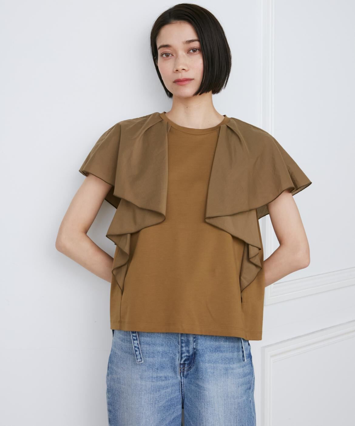 INED「《大きいサイズ》異素材ラッフルスリーブカットソー」|Tシャツ・カットソー|