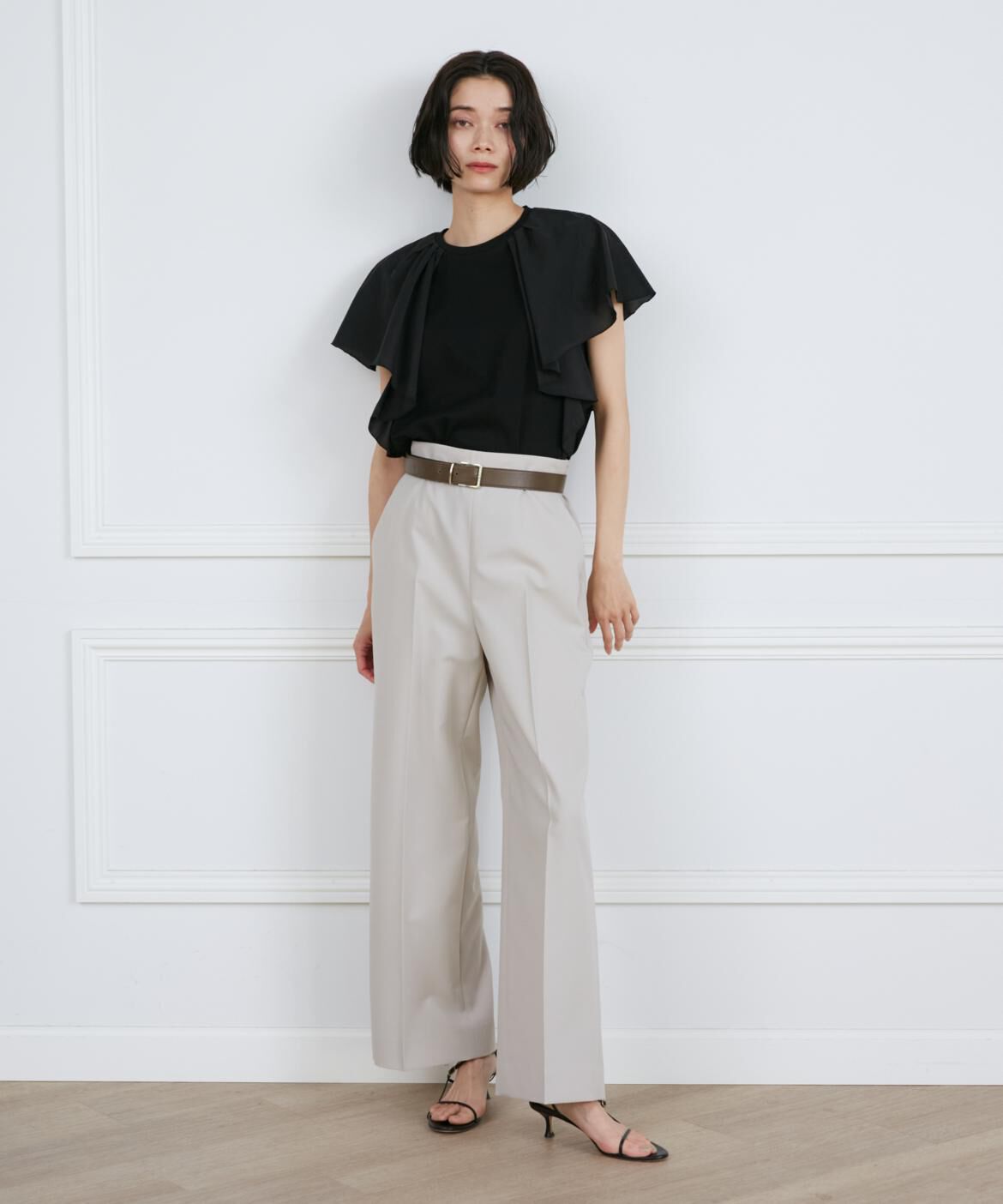 INED「《大きいサイズ》異素材ラッフルスリーブカットソー」|Tシャツ・カットソー|