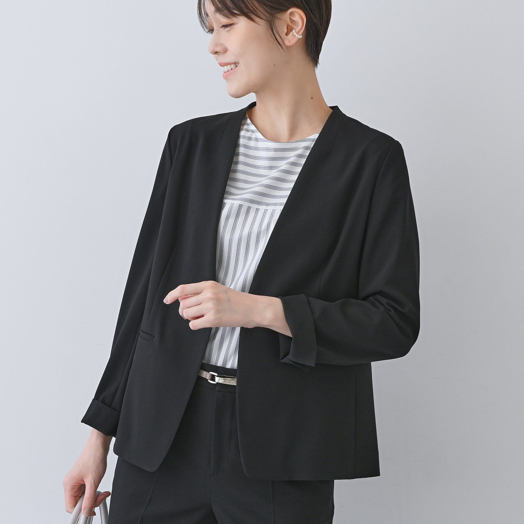 INDIVI「【洗える／夏スーツ】ミニ千鳥柄ノーカラージャケット」|ノーカラージャケット|ブラック(019)