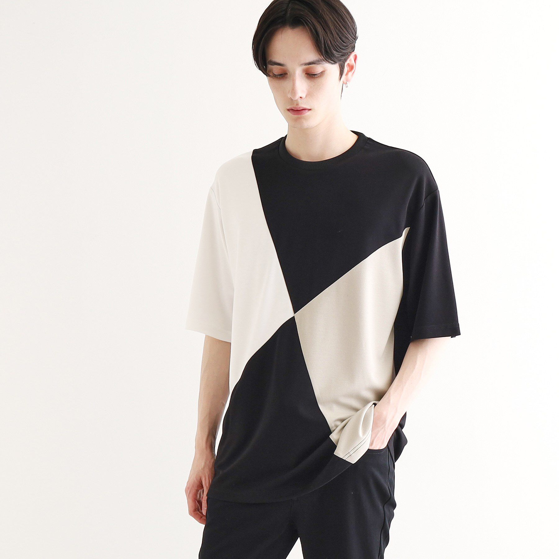 tk.TAKEO KIKUCHI「【UV、接触冷感】ナナメ切替アソートTシャツ」|Tシャツ・カットソー|ブラック(519)