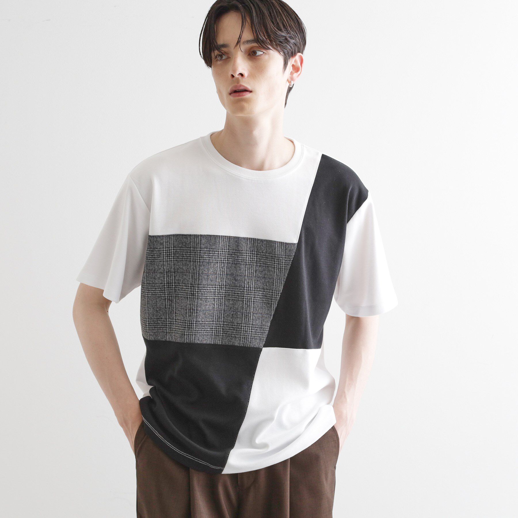 tk.TAKEO KIKUCHI「ブロック切替半袖Tシャツ」|Tシャツ・カットソー|ホワイト(001)