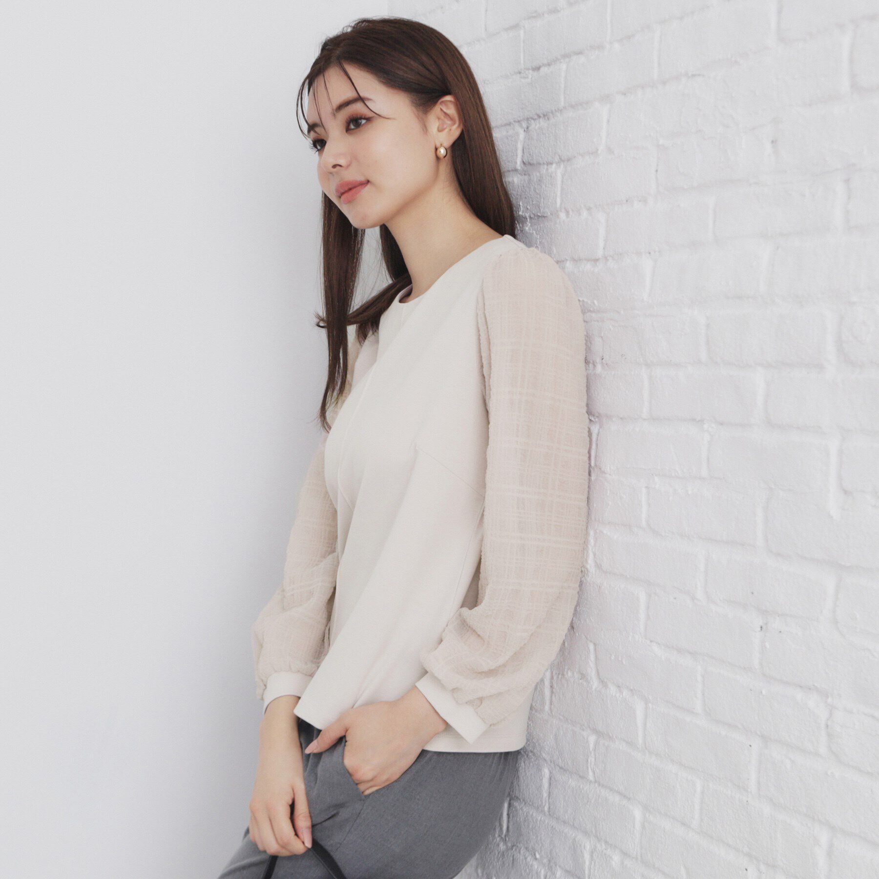 index「ドッキングスリーブトップス【洗濯機洗い可】」|Tシャツ・カットソー|グレージュ(050)