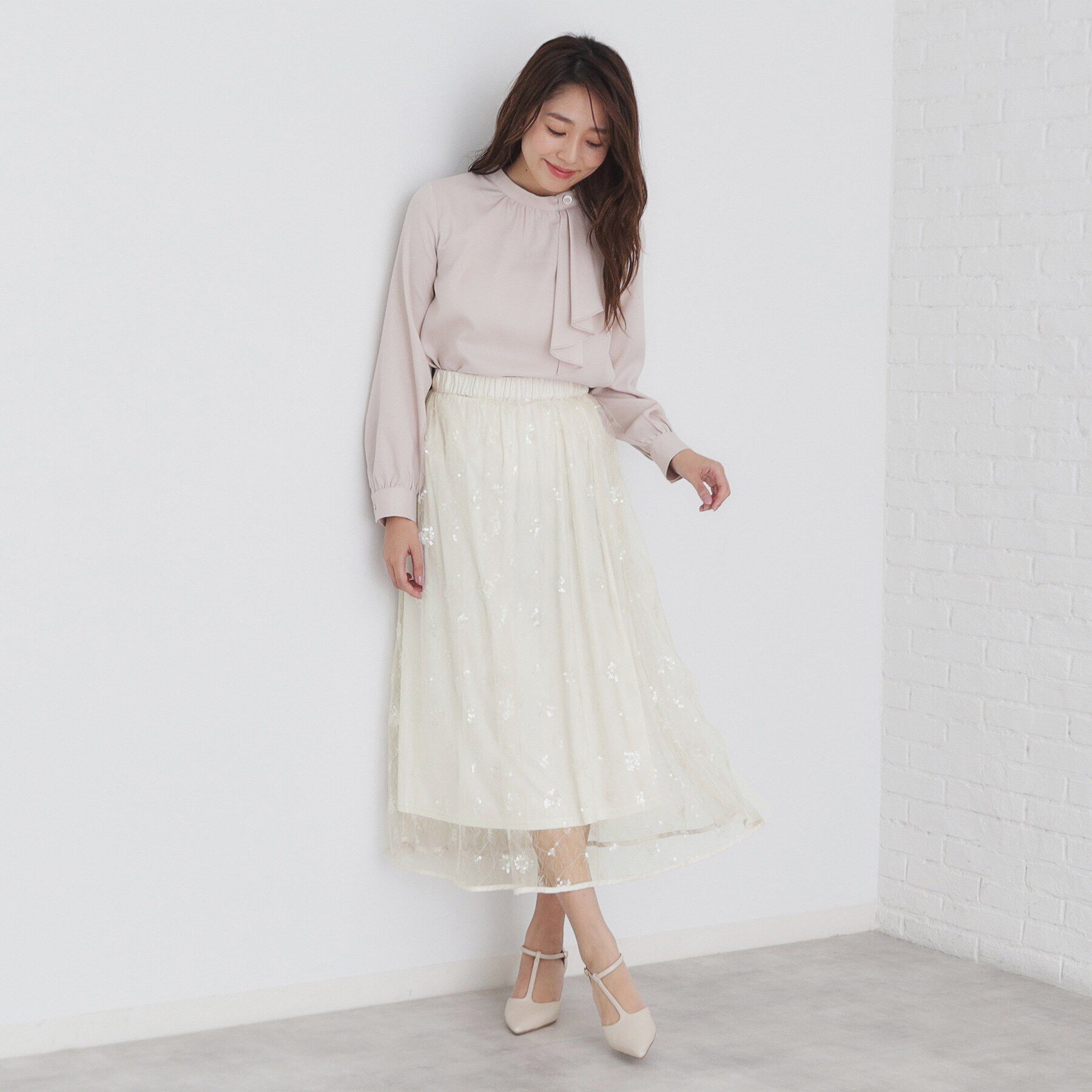 index「《美人百花掲載》スパンコールシアー刺繍スカート【洗濯機洗い可】」|スカート|