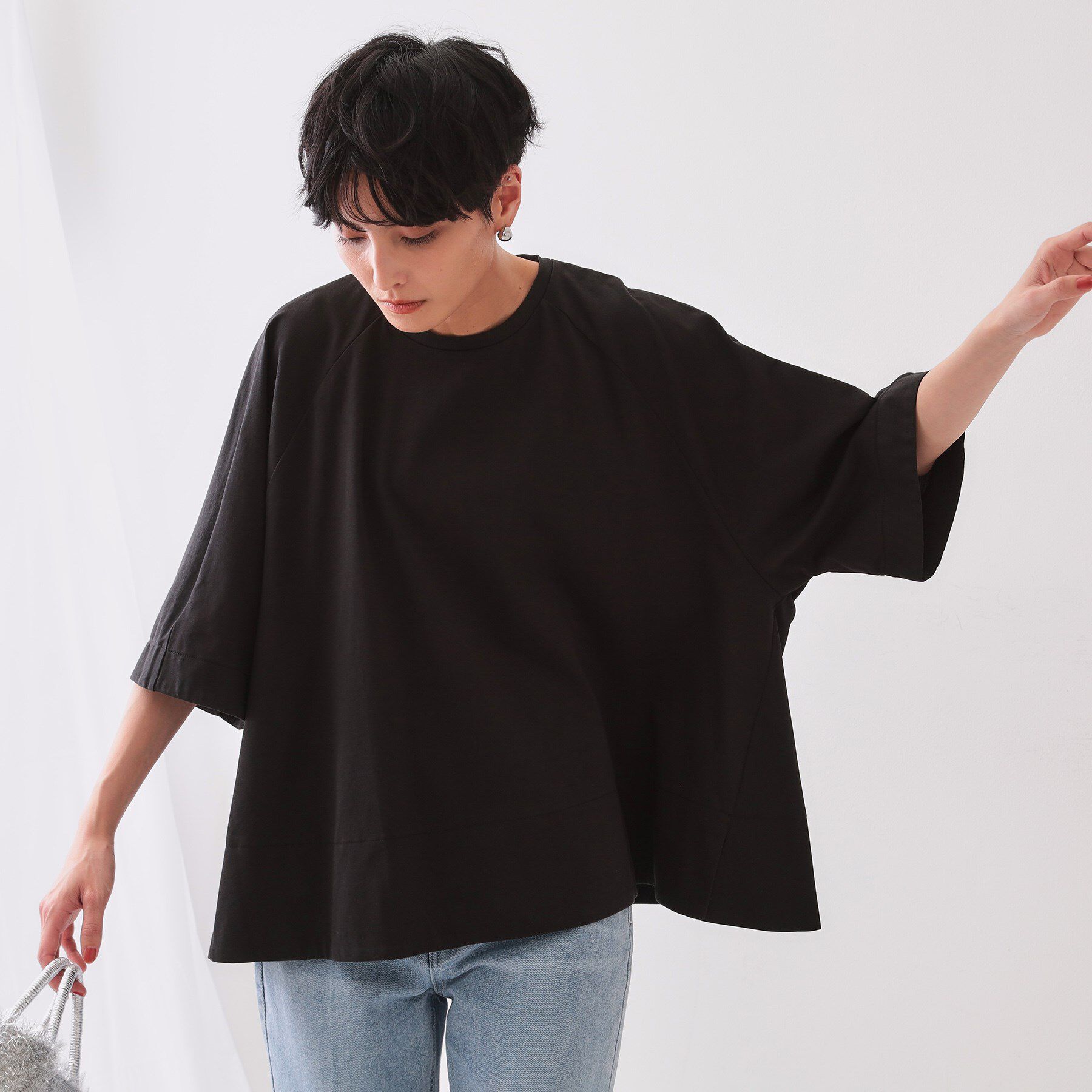 OPAQUE.CLIP「バックフハクドッキングAラインカットソー【洗濯機洗い可】」|Tシャツ・カットソー|ブラック(019)