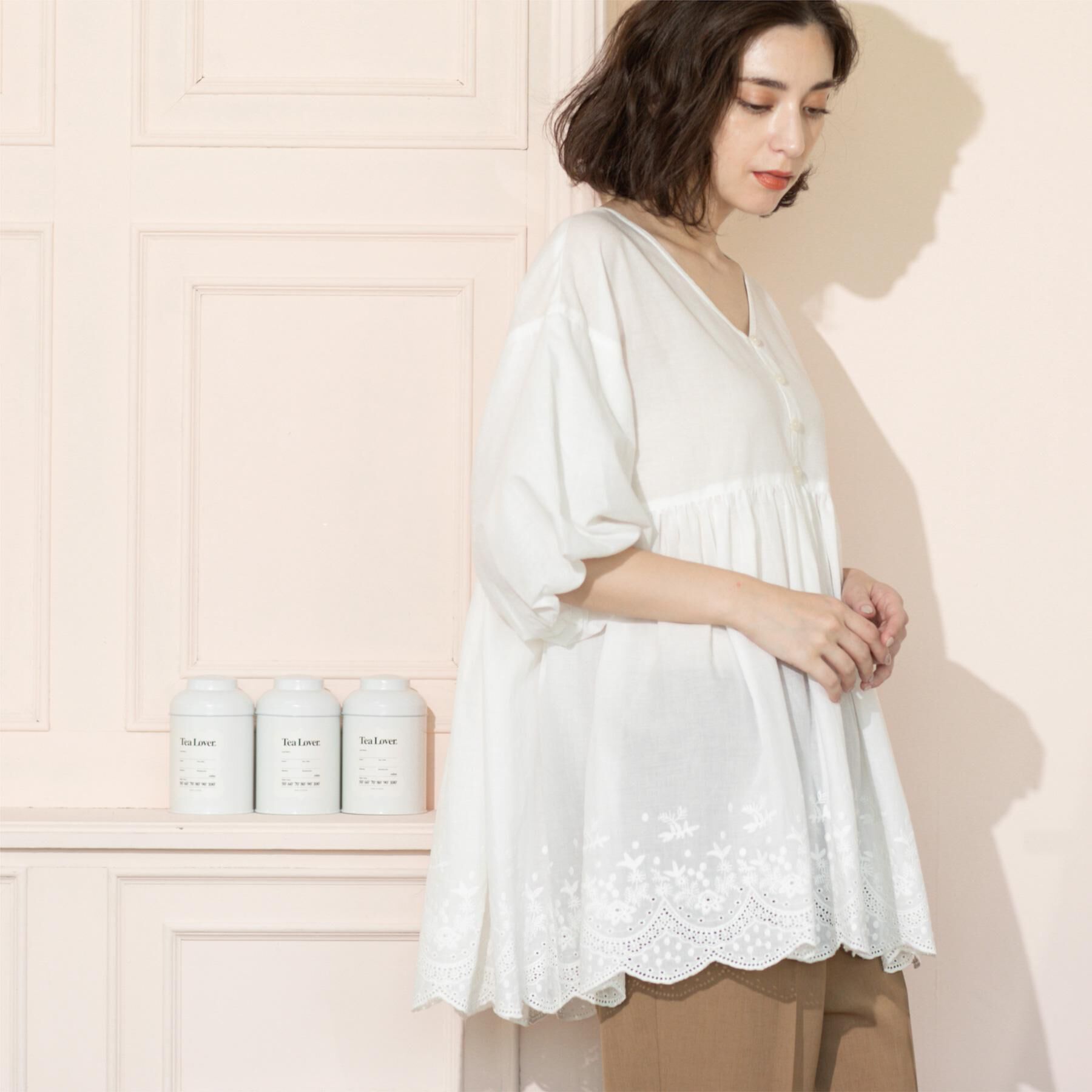 OPAQUE.CLIP「バルーン袖スカラップ刺繍レースチュニック」|シャツ・ブラウス|