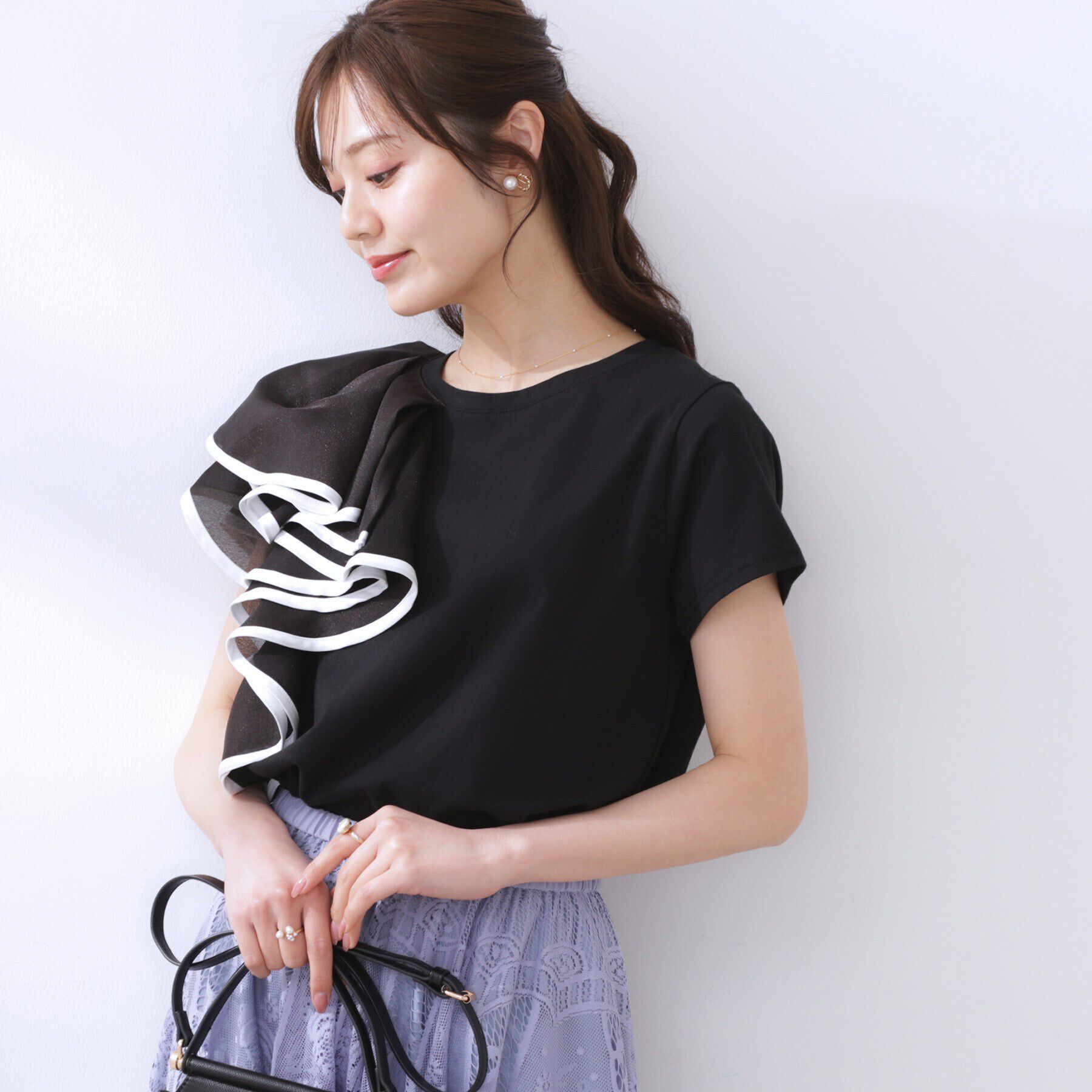 Couture broach「シルケットアシメデザインフリルT」|Tシャツ・カットソー|