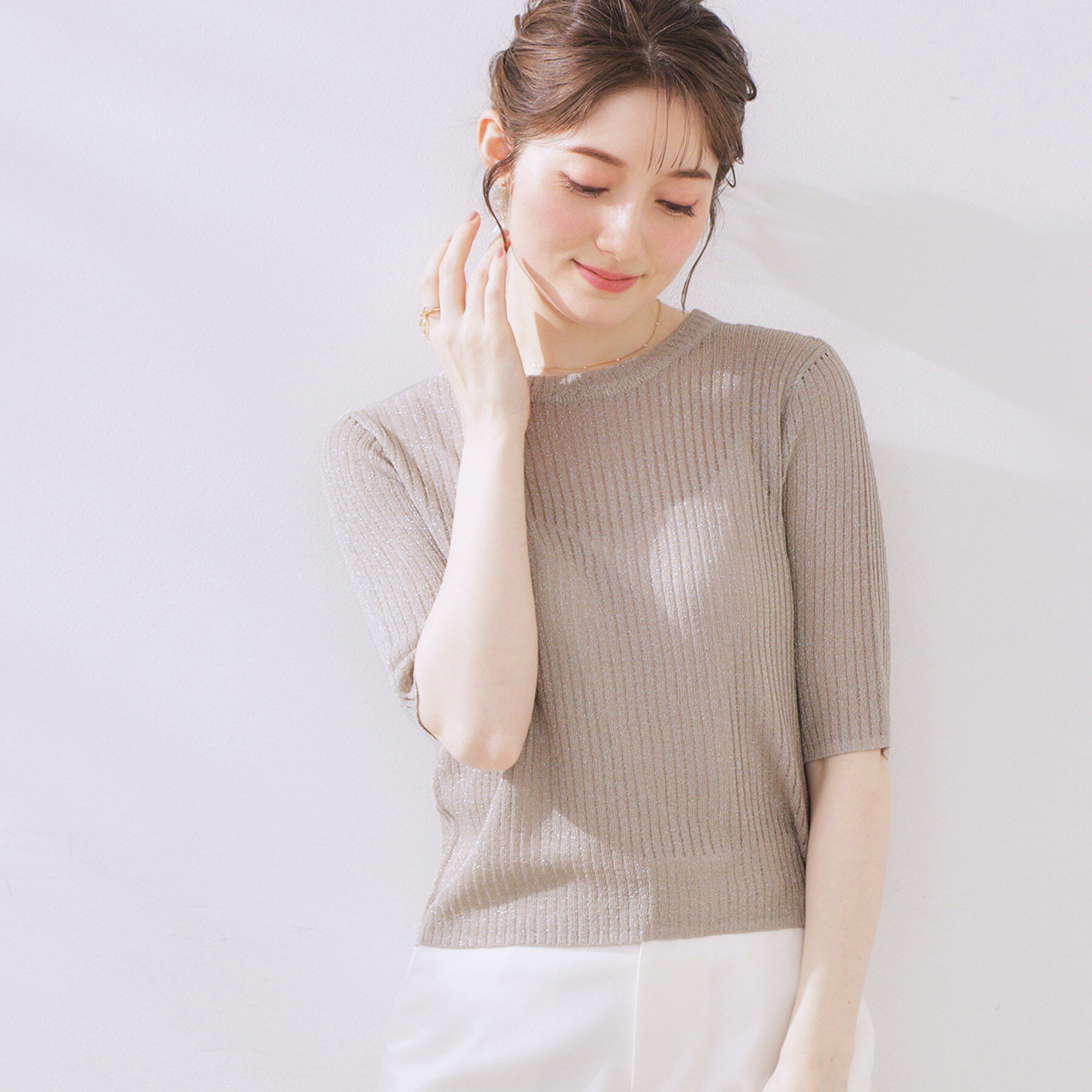 Couture broach「ラメリブ5分袖ニット」|ニット・セーター|