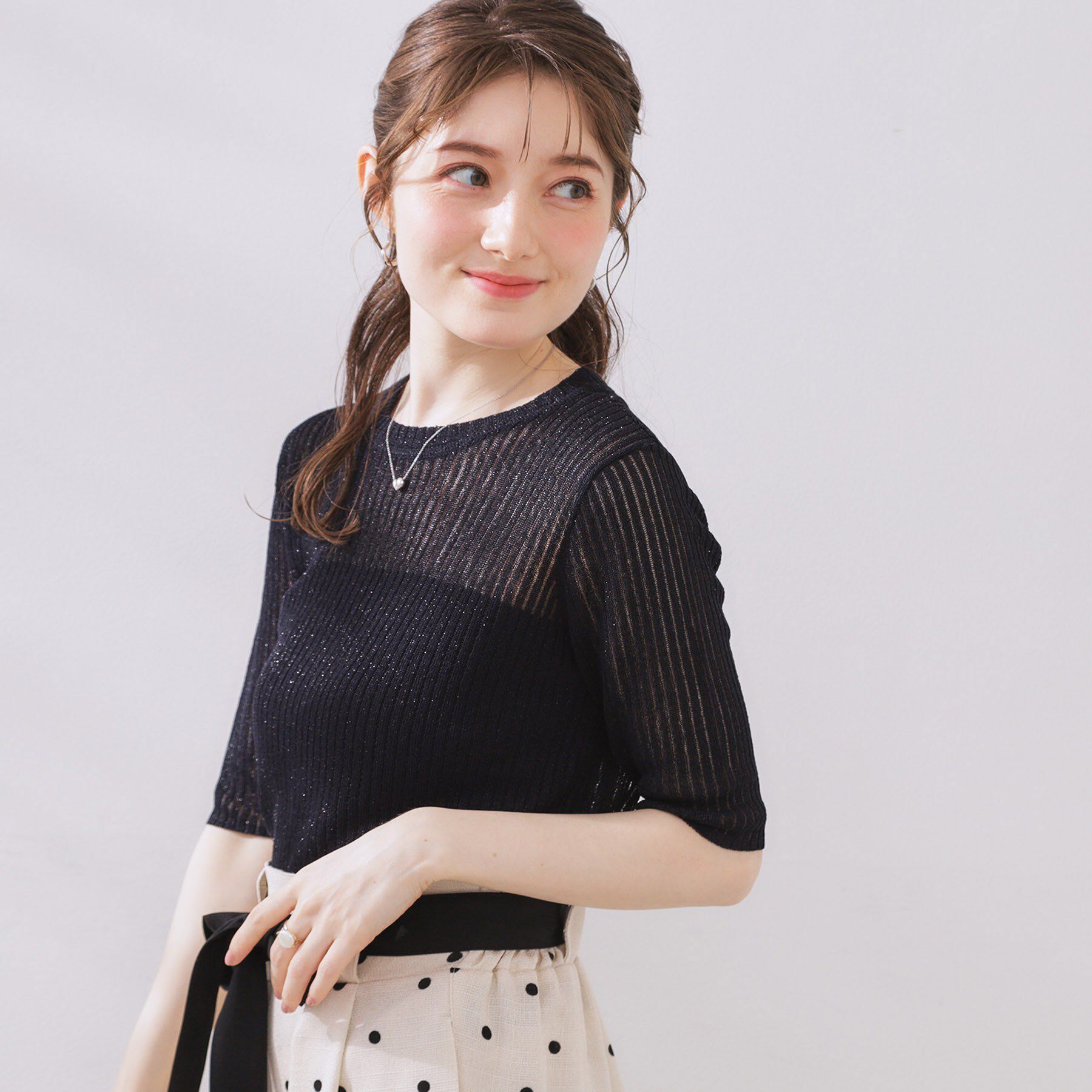 Couture broach「ラメリブ5分袖ニット」|ニット・セーター|