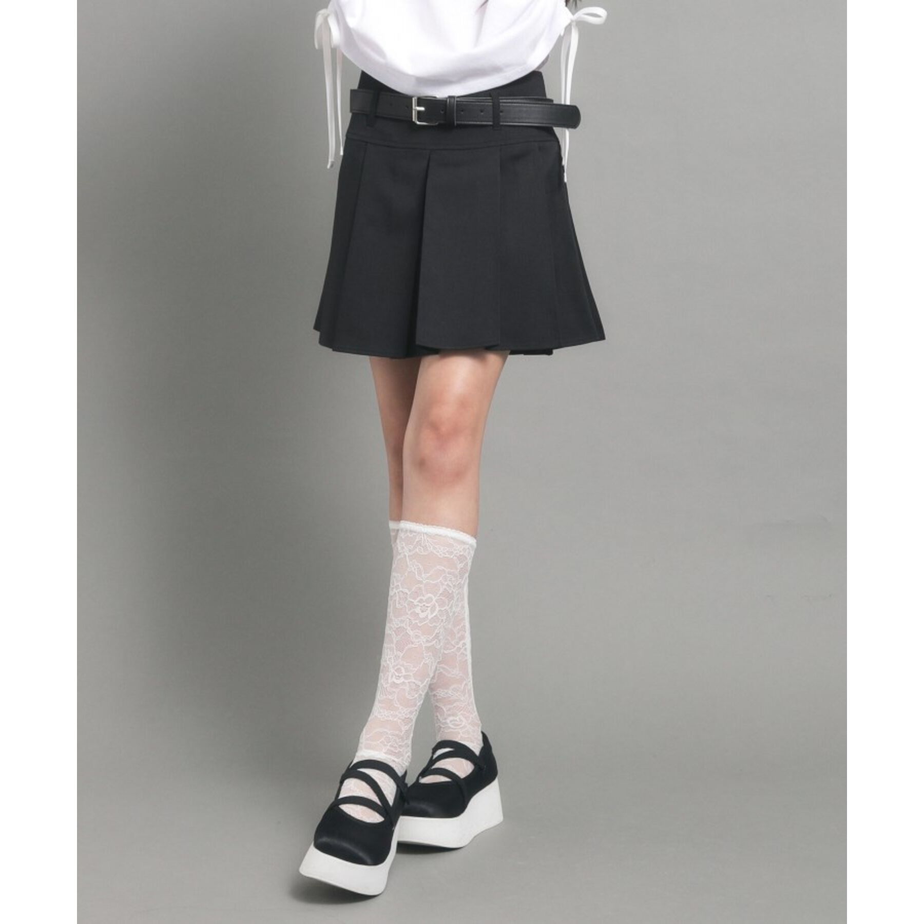 PINK-latte「【カラー追加/オールシーズン対応】ベルト付きプリーツスカート」|スカート|ブラック(019)