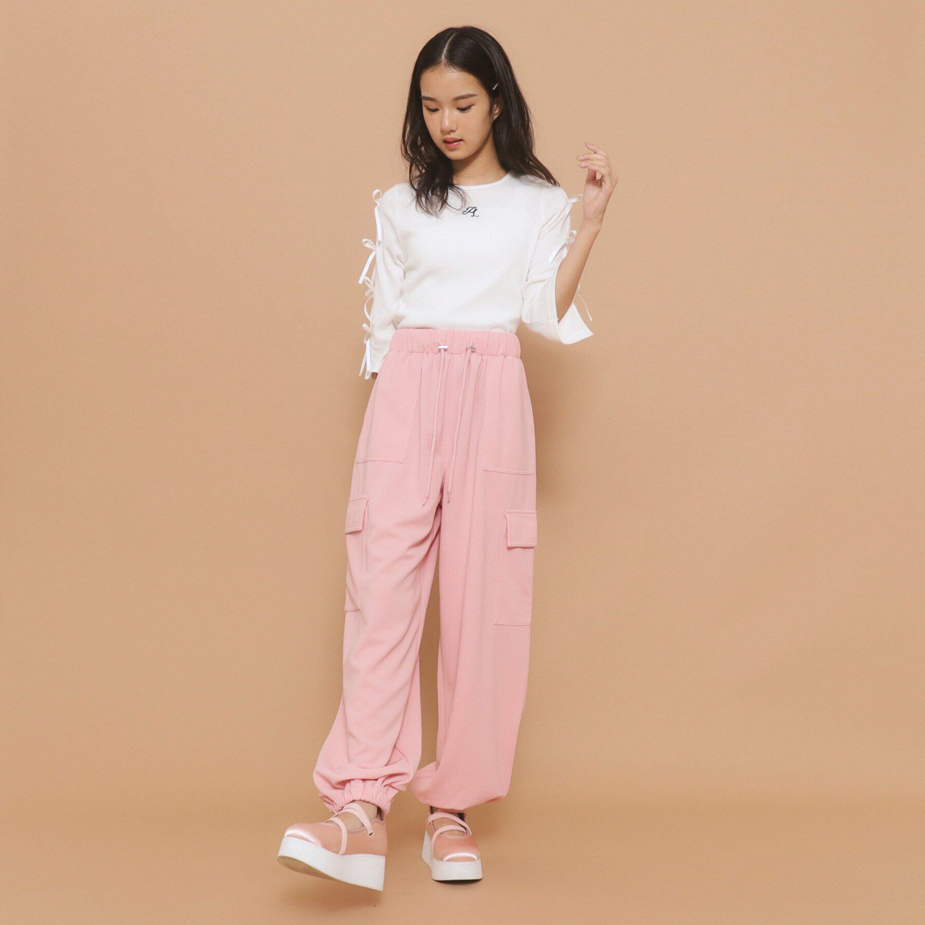 PINK-latte「【130cmあり】リボン袖ショート丈プルオーバー」|Tシャツ・カットソー|