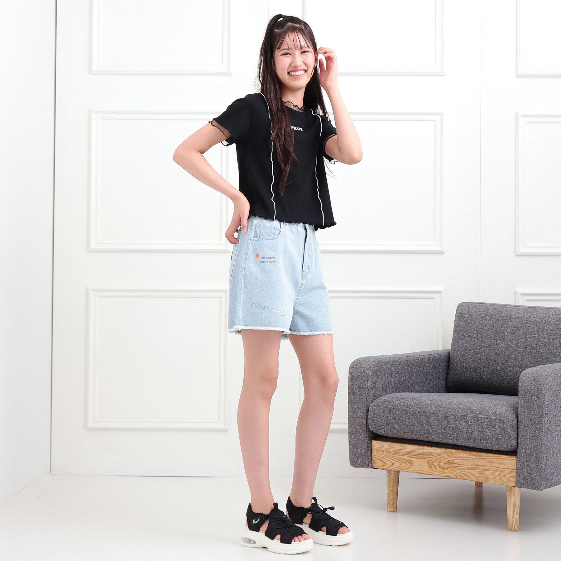 PINK-latte「らくがき刺繍フリンジショートパンツ」|キュロット|