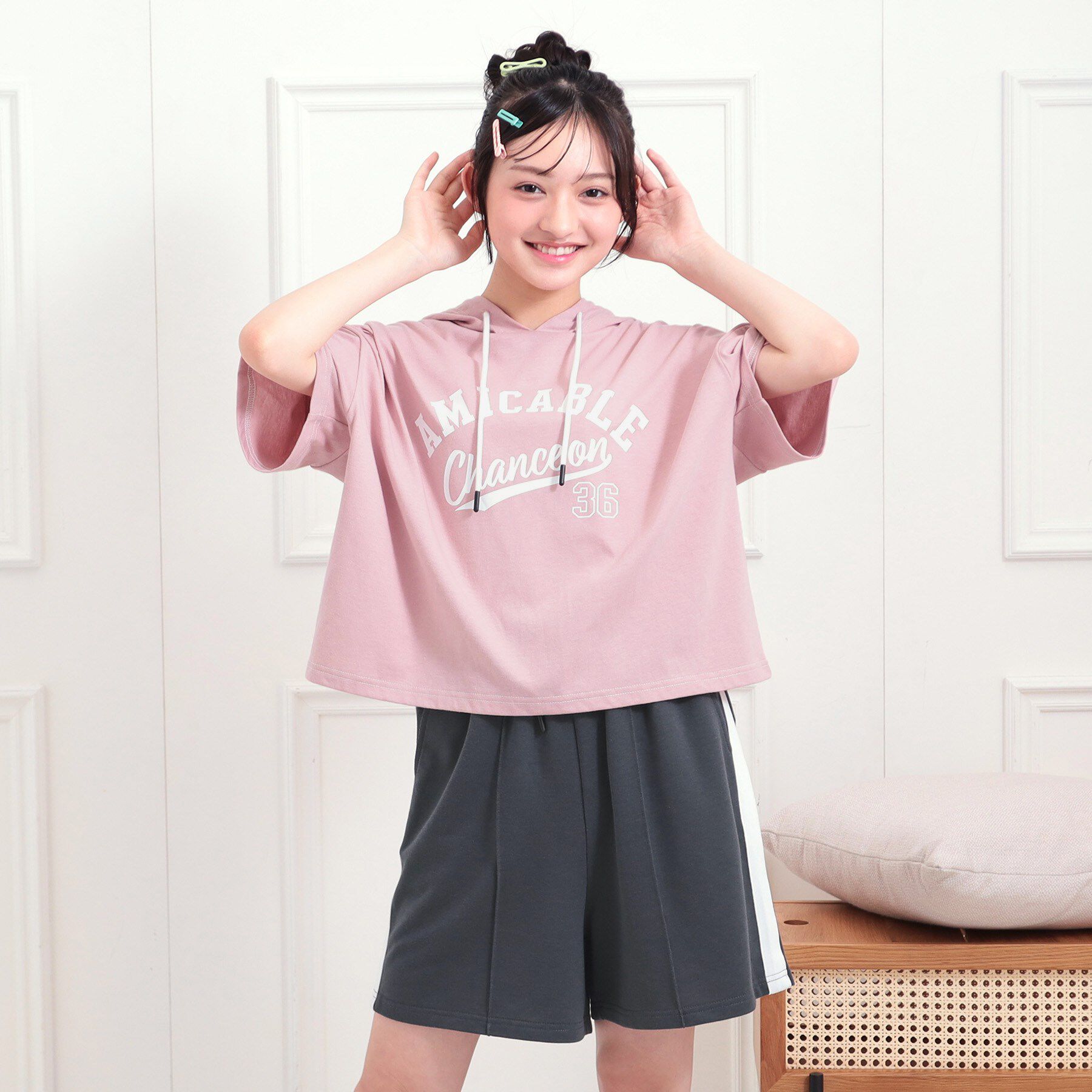 PINK-latte「【セットアップアイテム】半袖パーカ＋ハーフパンツセット」|その他|ライトピンク(070