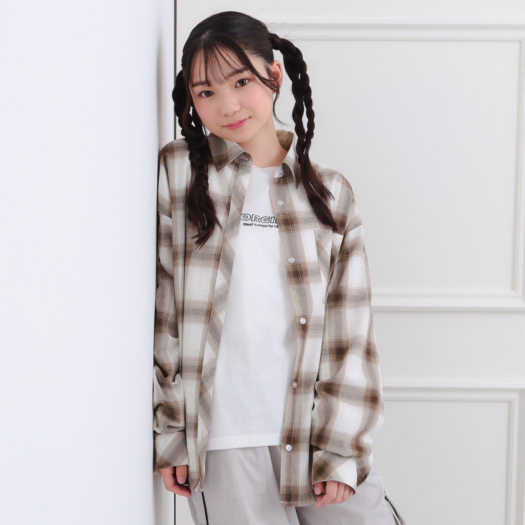 PINK-latte「ルーズチェックシャツ＋ロンT」|その他|ブラウン(243)