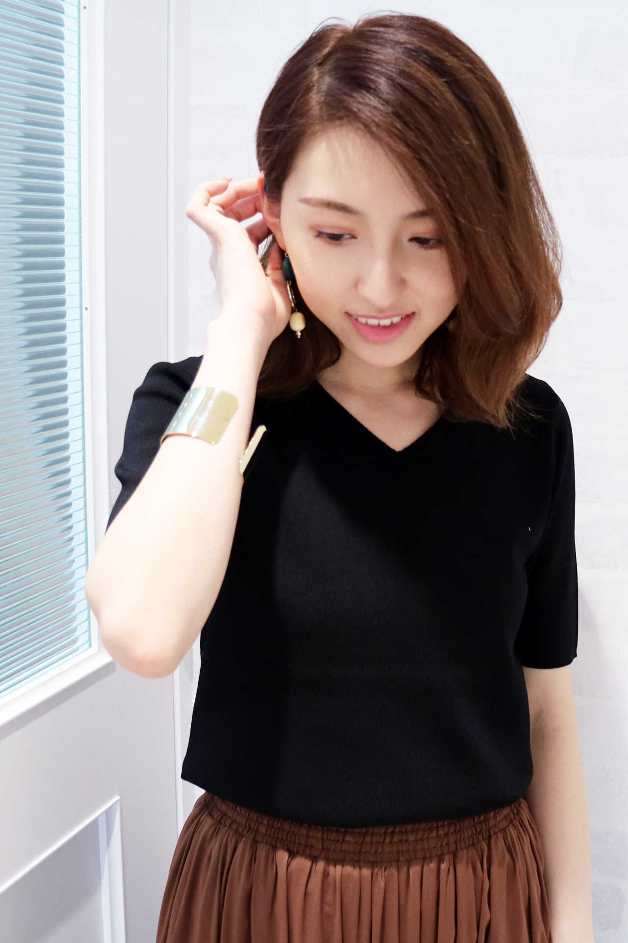  「総針Vネック5分袖ニット」|ニット・セーター|ブラック