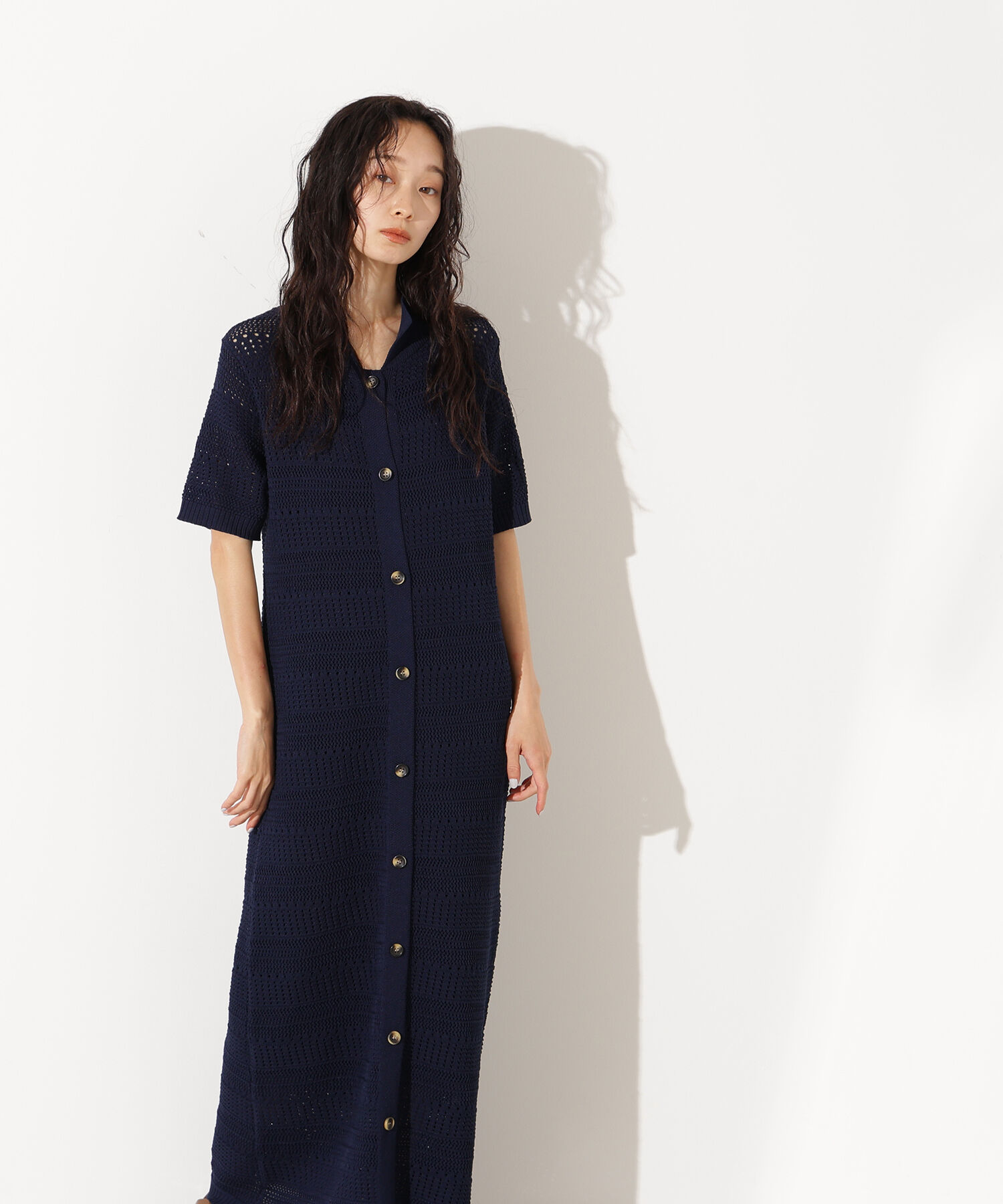  「透かし編みポロニットワンピース」|スカート|ネイビー