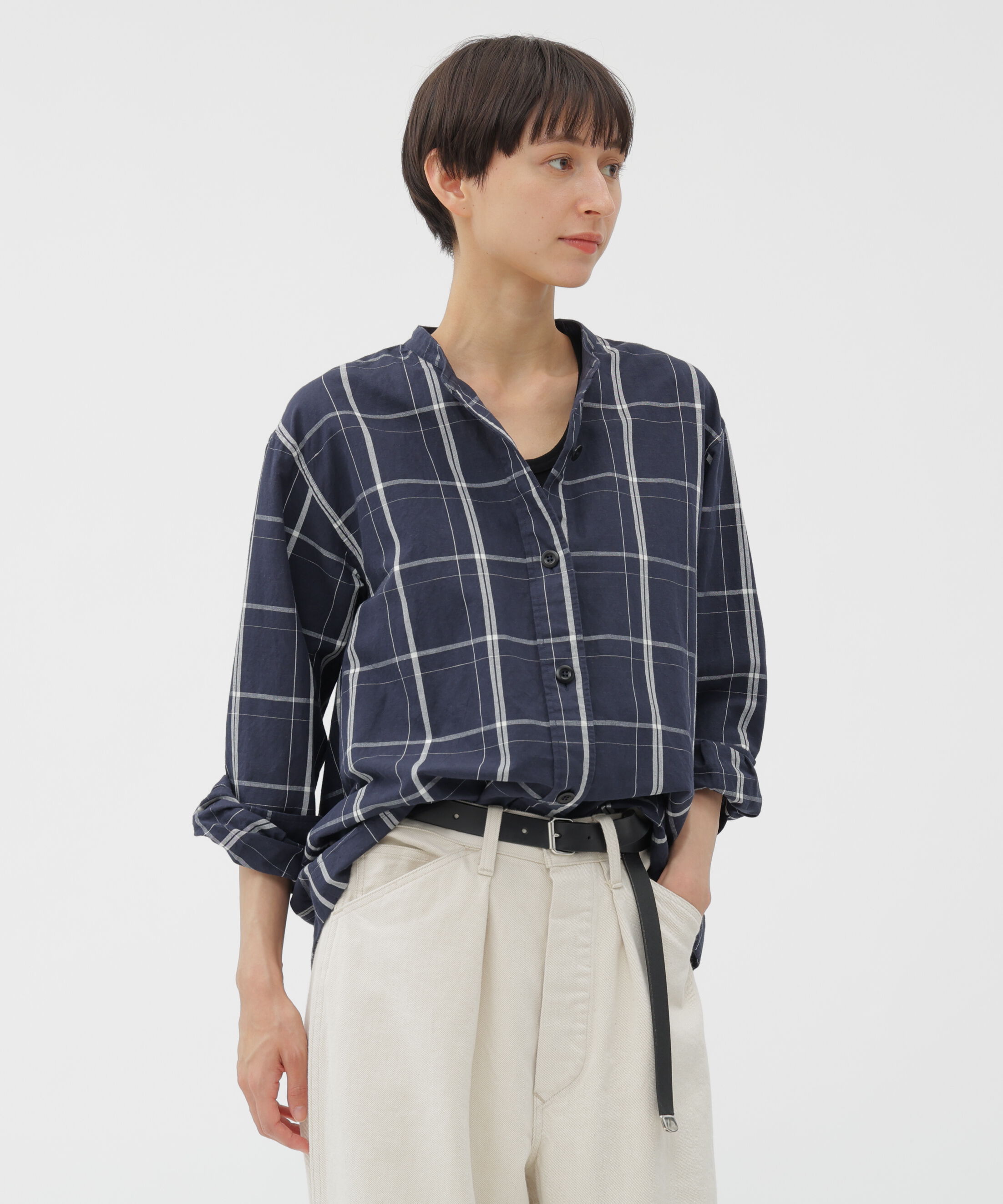 MHL.「GRAPHIC GRID CHECK COTTON SHIRT」|シャツ・ブラウス|NAVY