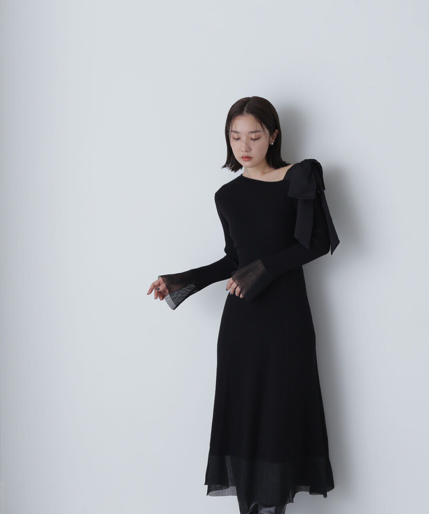  「ショルダーリボンニットワンピース」|ワンピース|