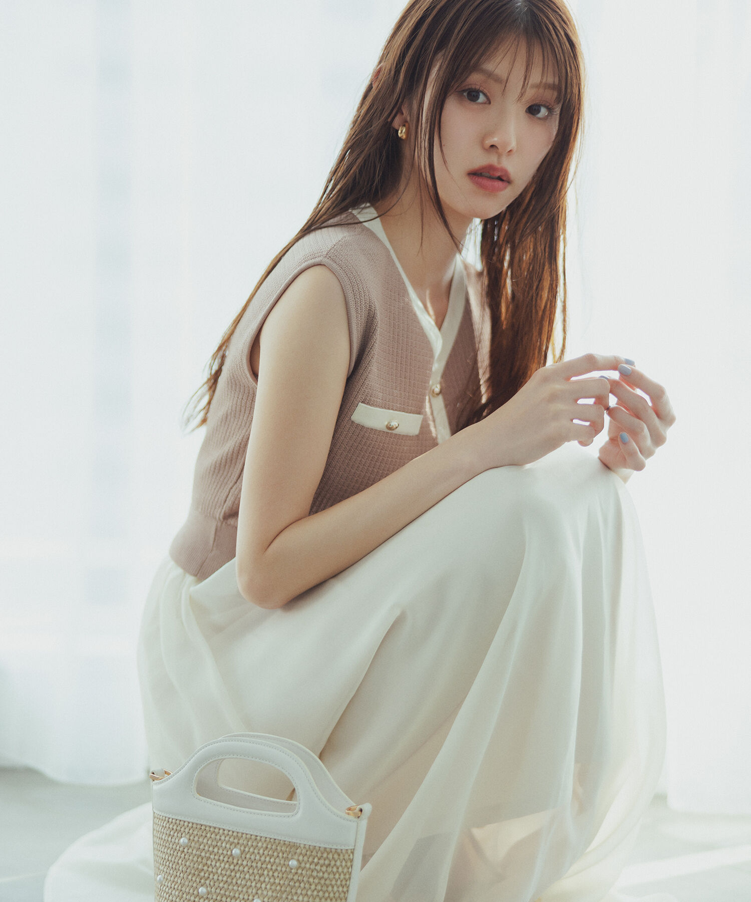  「ツイードニットベストドッキングワンピース」|ワンピース|ベージュ&times;オ  2