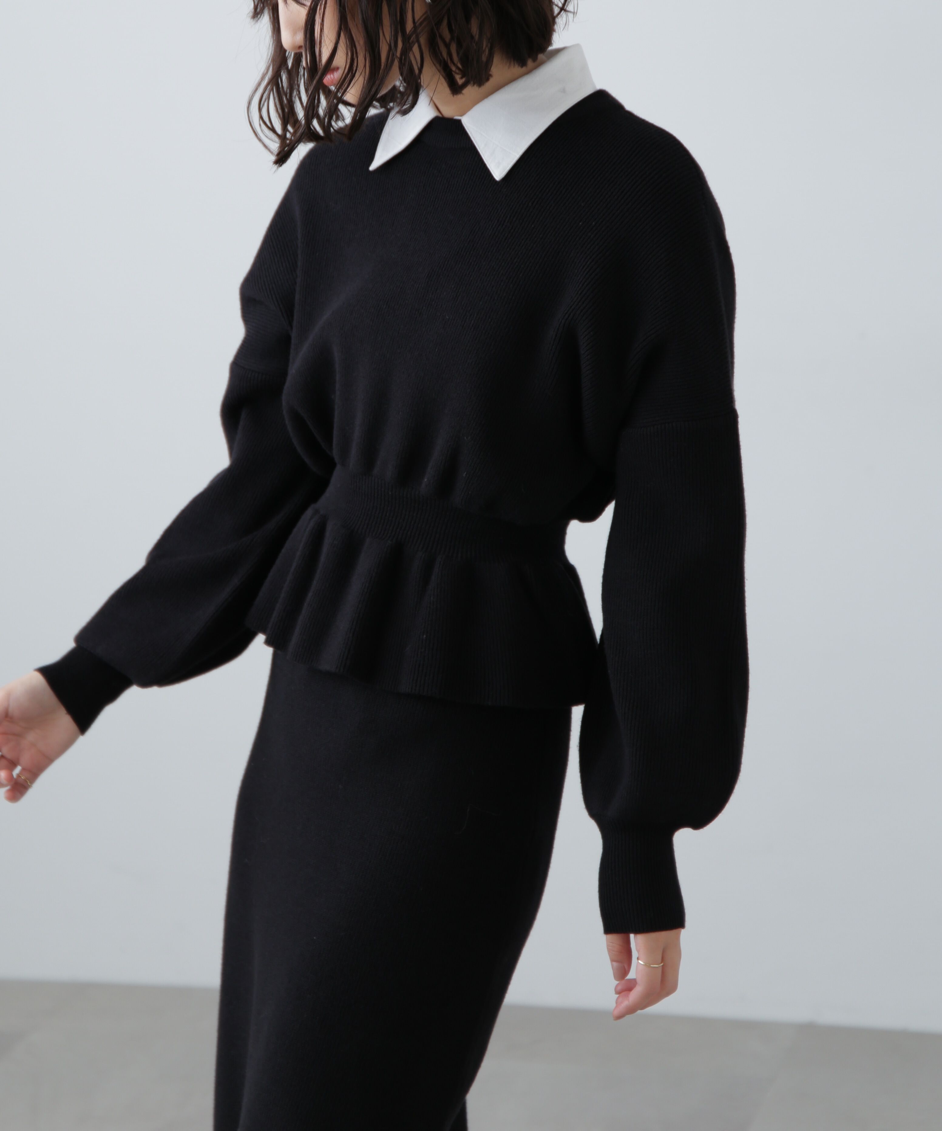  「ペプラムニットセットアップ」|ワンピース|ブラック