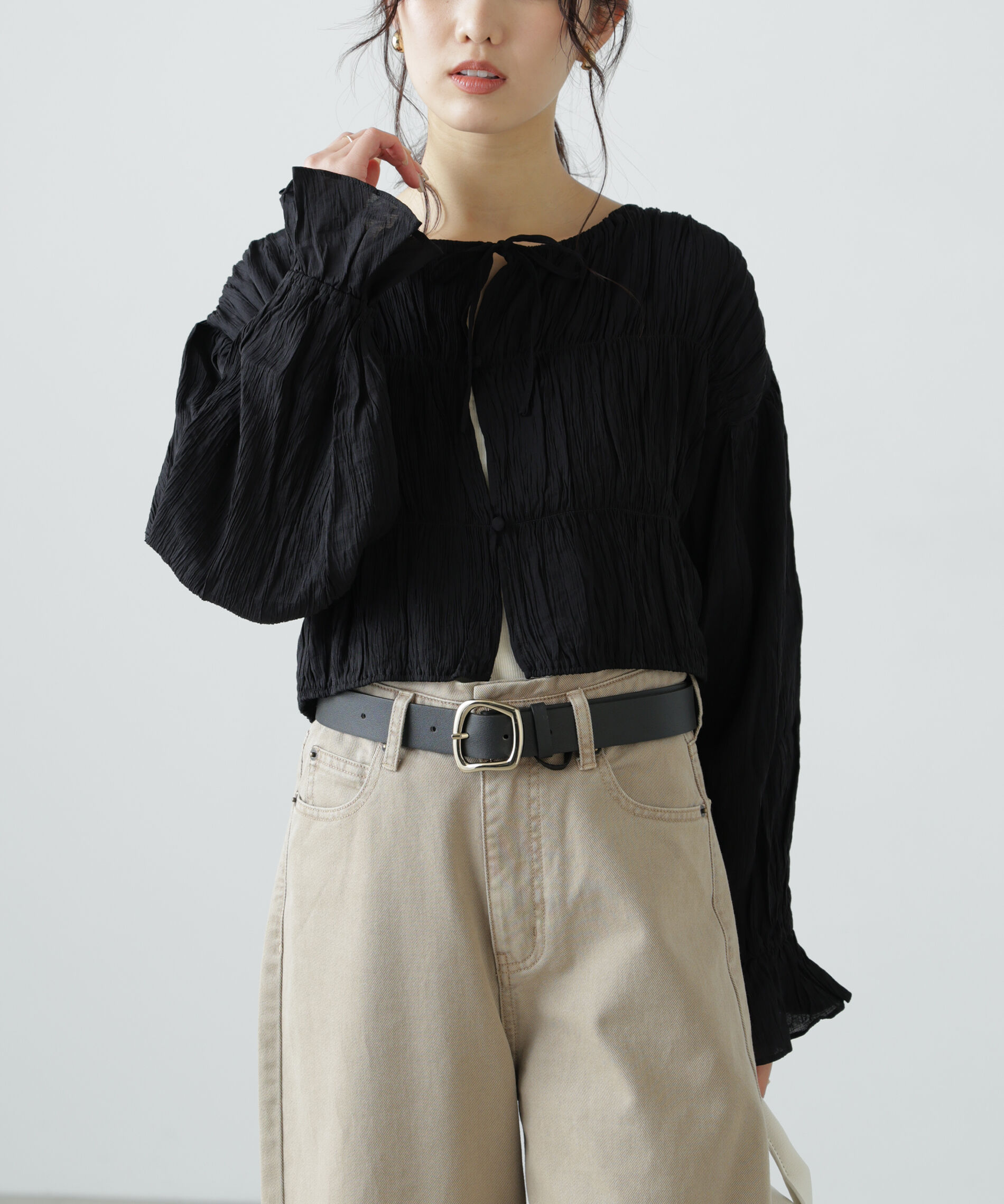  「シアーギャザー前開き短丈ブラウス」|シャツ・ブラウス|