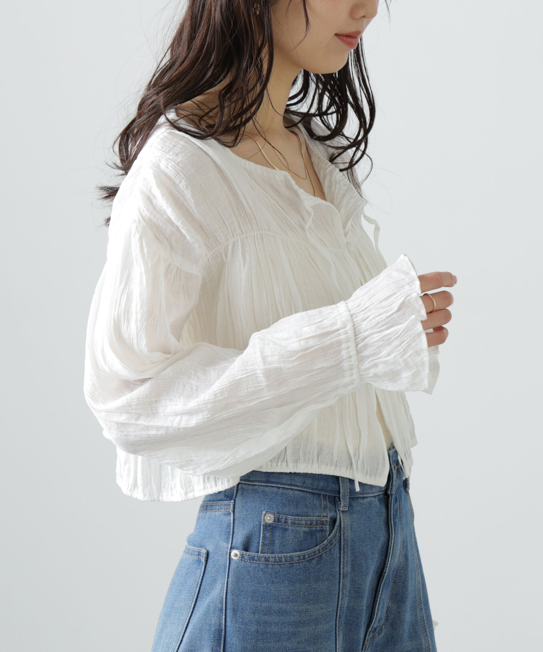  「シアーギャザー前開き短丈ブラウス」|シャツ・ブラウス|