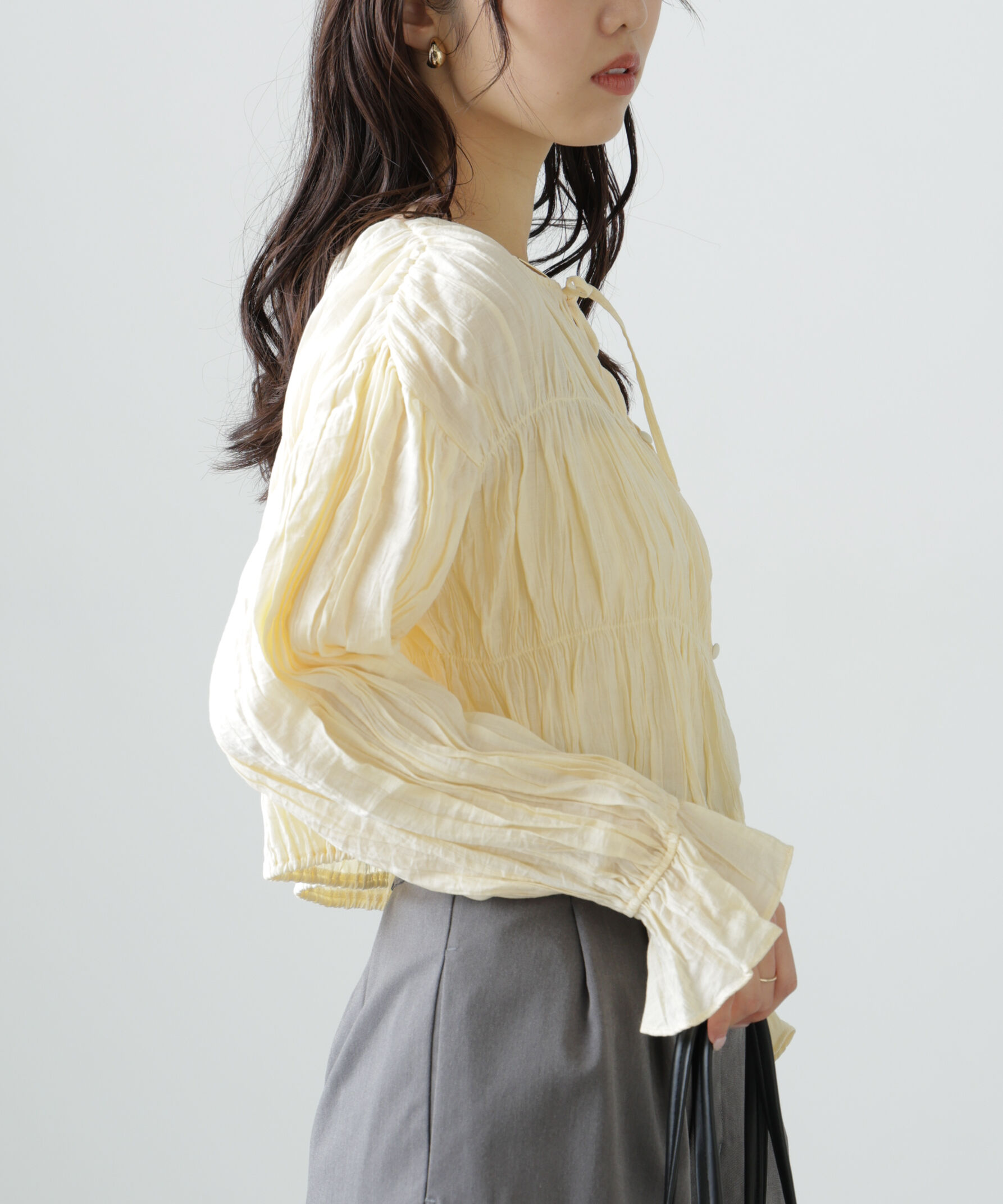  「シアーギャザー前開き短丈ブラウス」|シャツ・ブラウス|