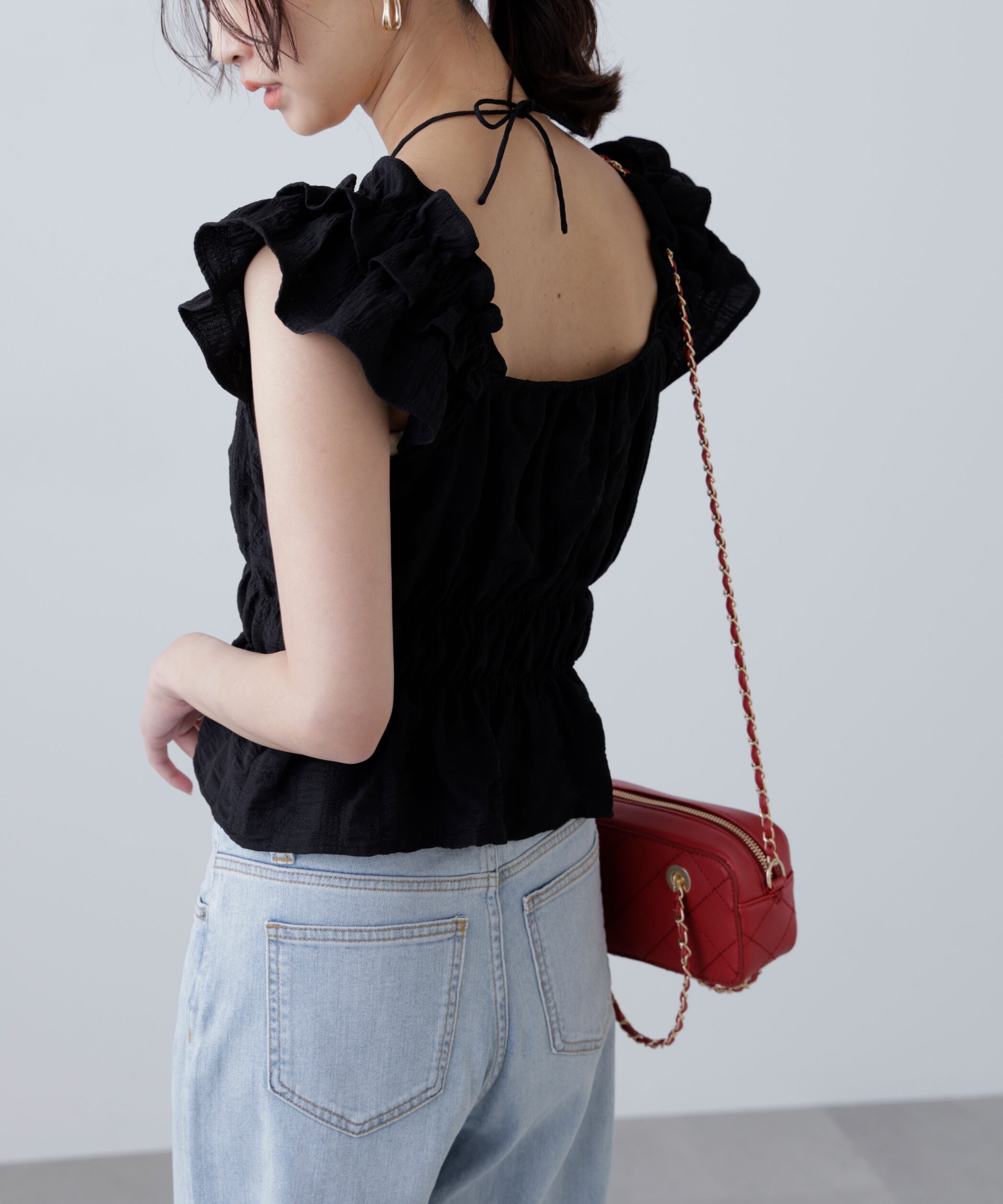  「前後2way肩フリルシャーリングペプラムブラウス」|シャツ・ブラウス|