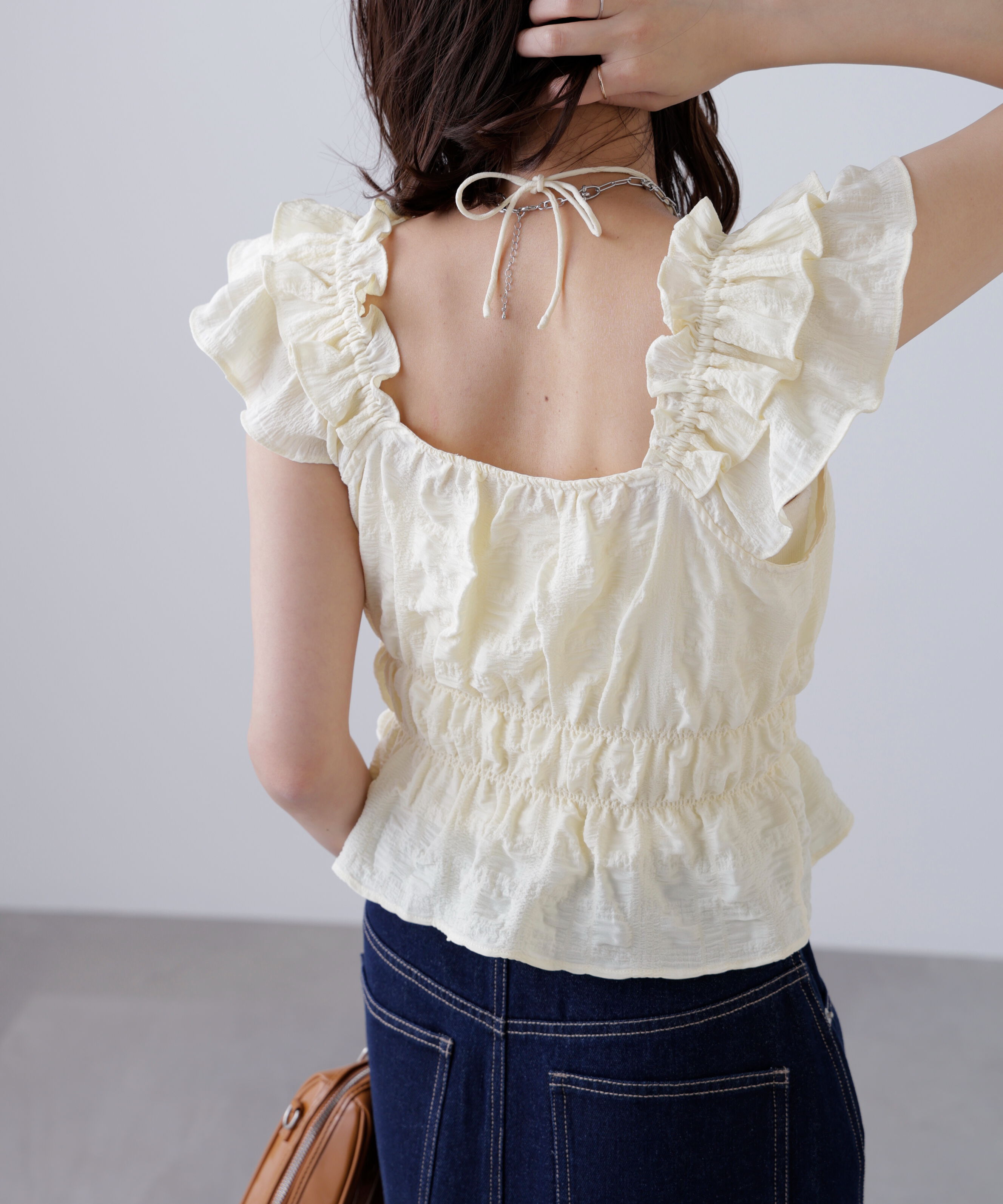  「前後2way肩フリルシャーリングペプラムブラウス」|シャツ・ブラウス|