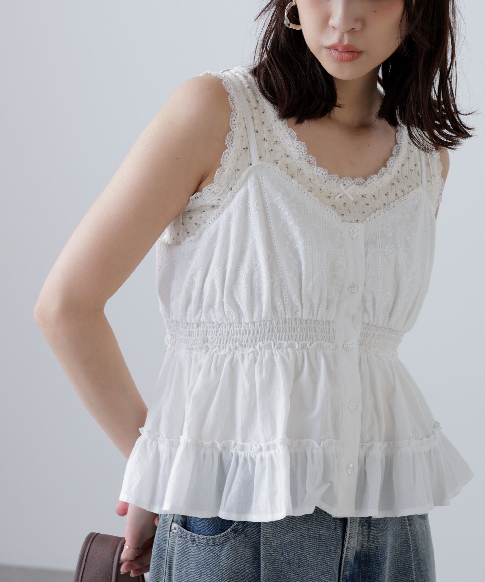  「レーストリムコットンキャミソール」|シャツ・ブラウス|ホワイト
