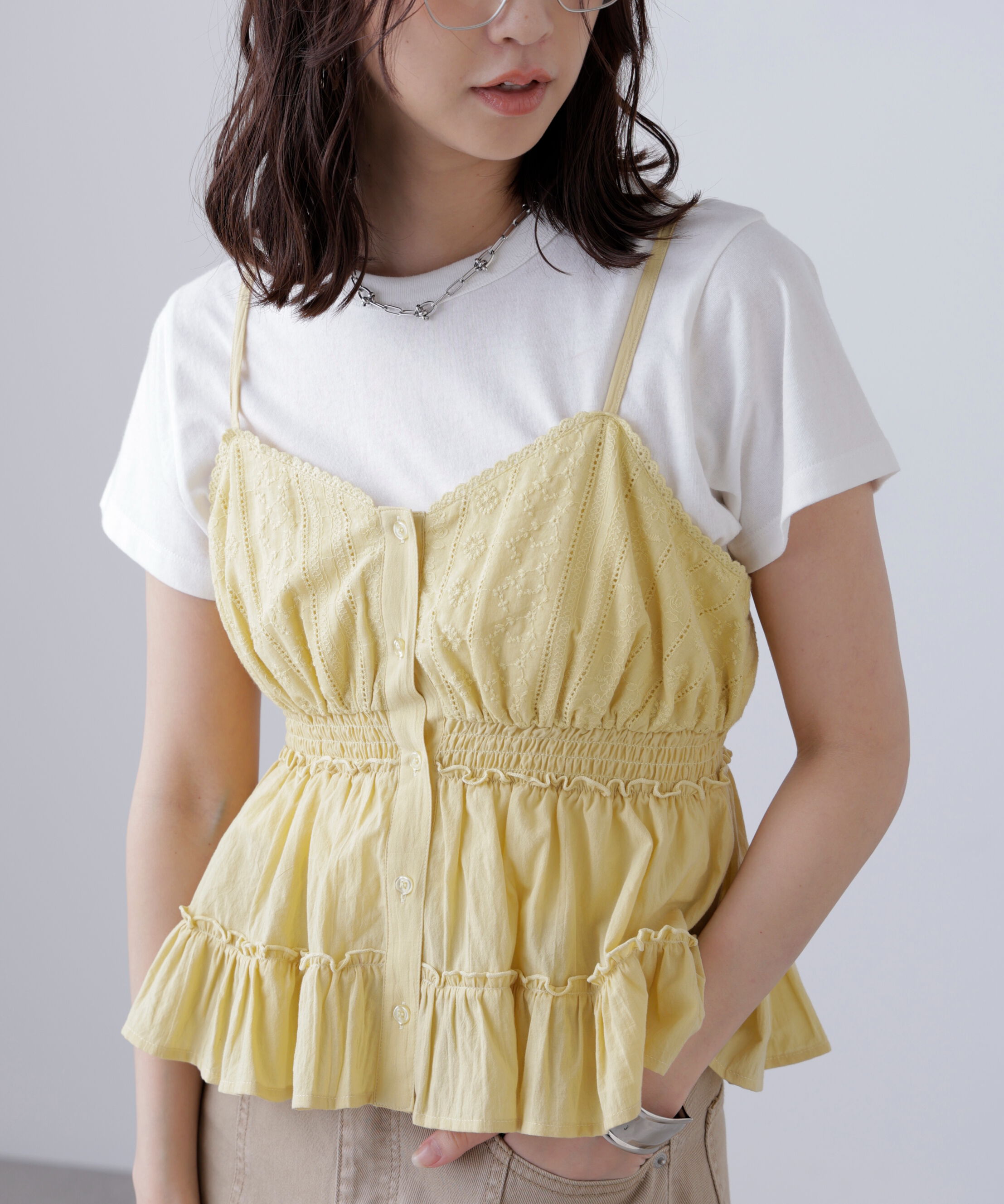  「レーストリムコットンキャミソール」|シャツ・ブラウス|イエロー