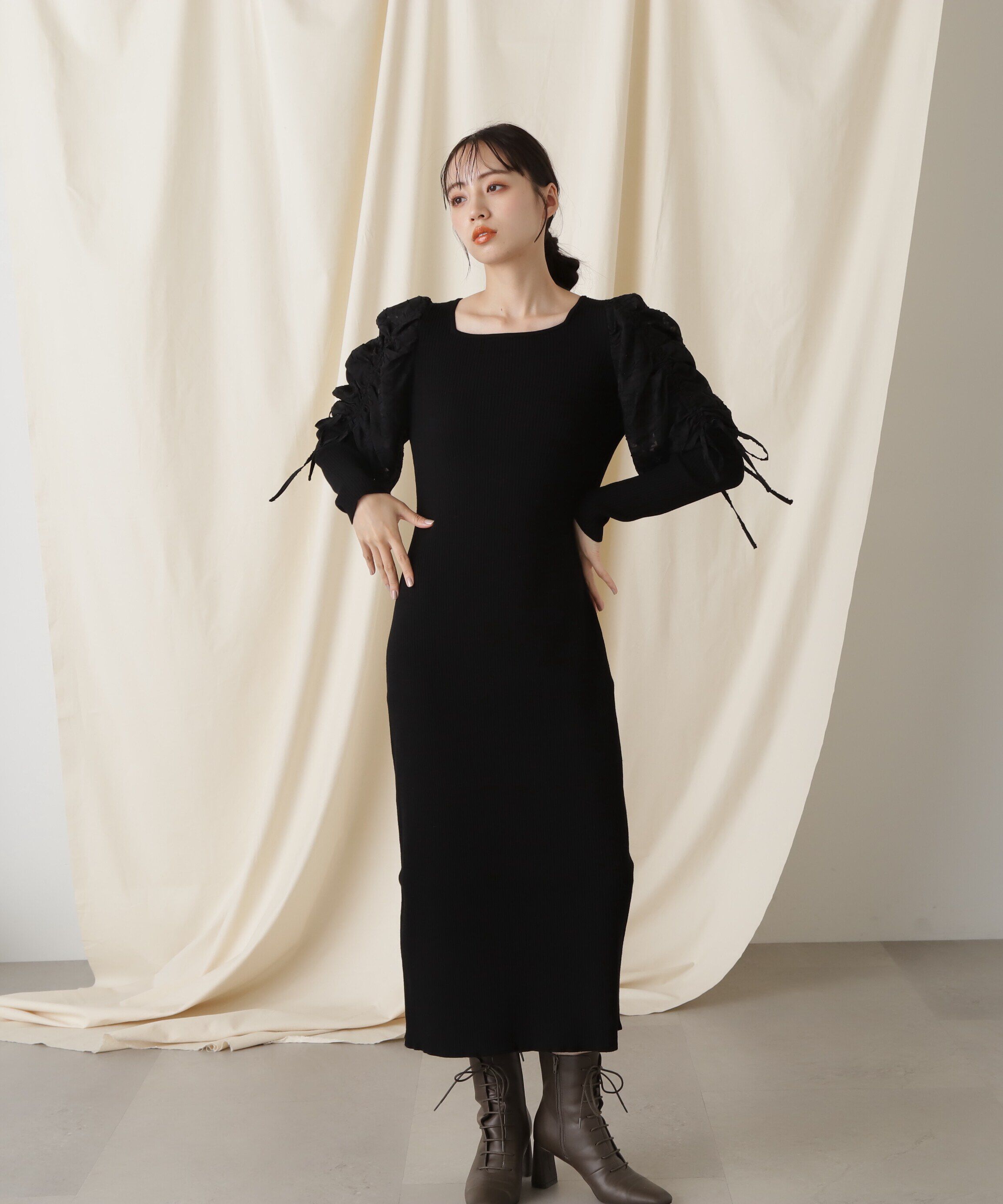  「シアーギャザースリーブニットワンピース」|ワンピース|