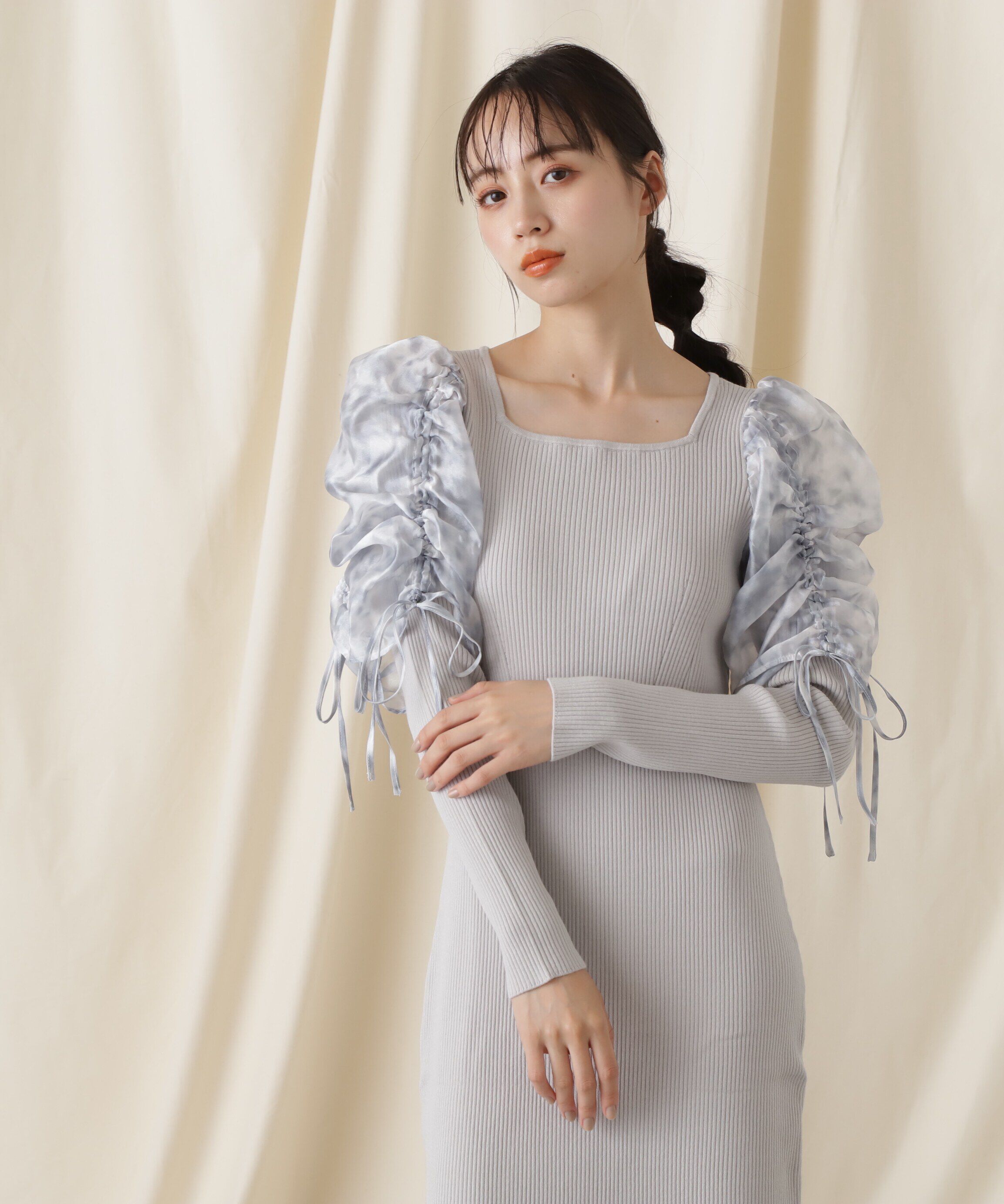  「シアーギャザースリーブニットワンピース」|ワンピース|