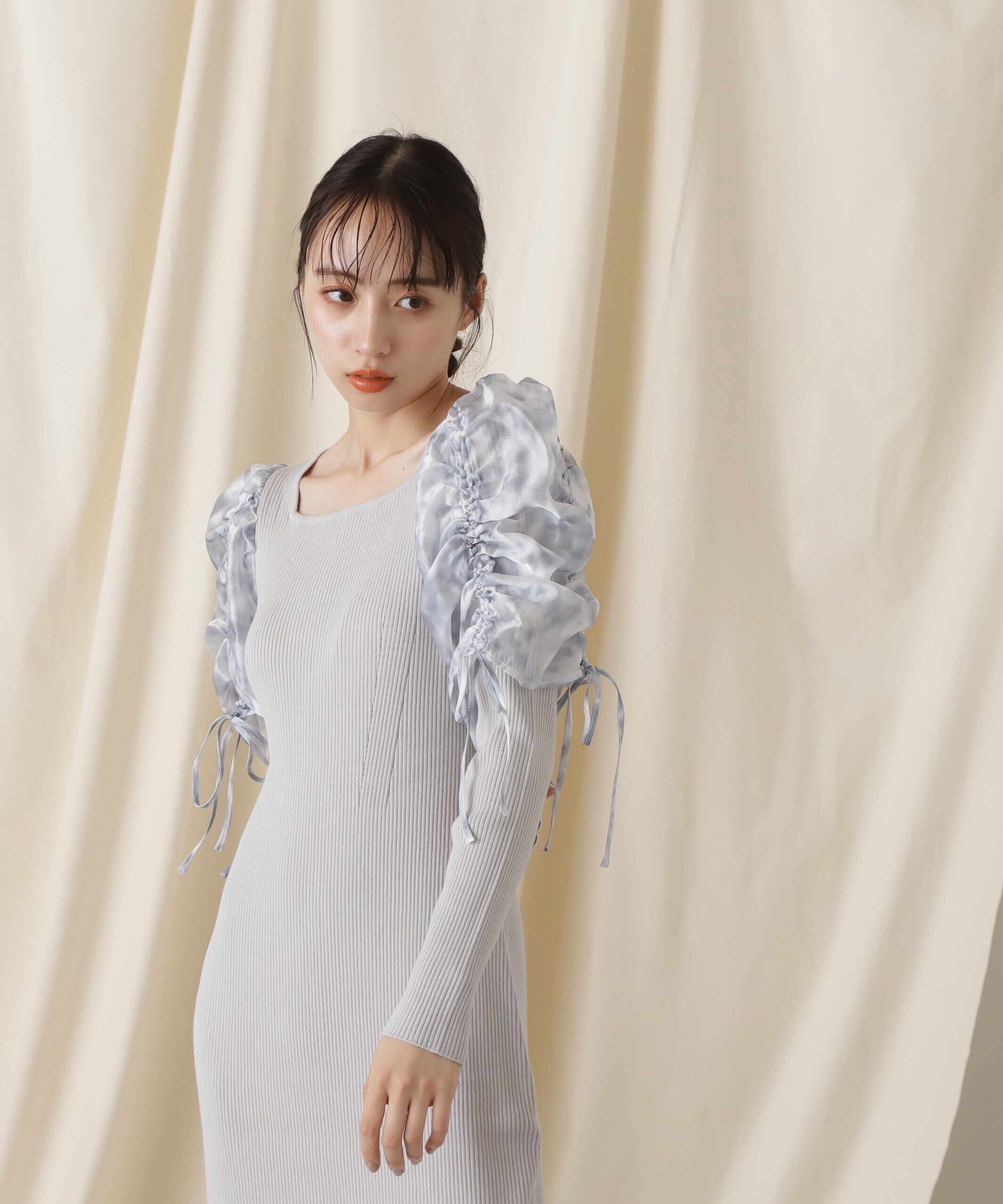  「シアーギャザースリーブニットワンピース」|ワンピース|